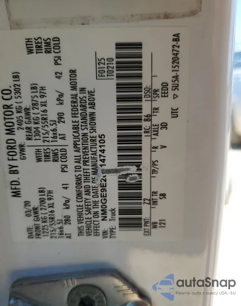 2020 Ford Transit Connect Xl z USA, uszkodzony, nr VIN NM0GE9E20L1474105